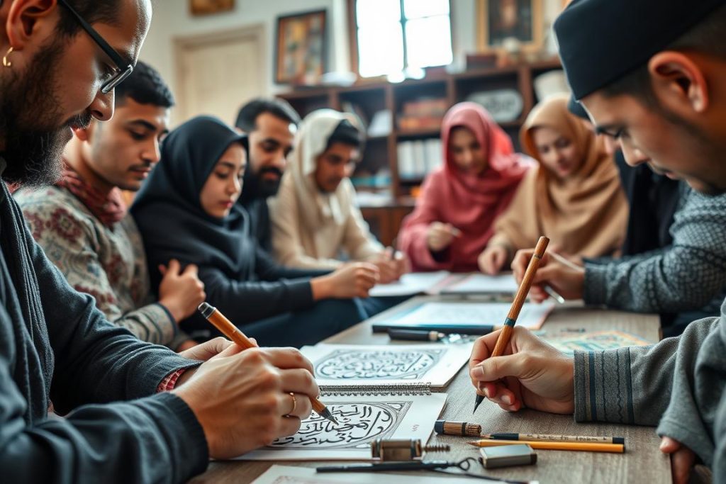 Islamic Art Calligraphy workshop with students learning traditional techniques