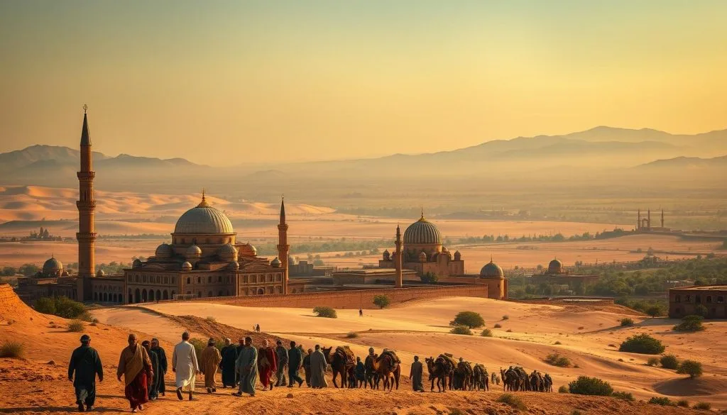 Islamic History: 7 Beautiful Eras That Shaped the World Islamic history: a caravan crossing the desert towards a distant city