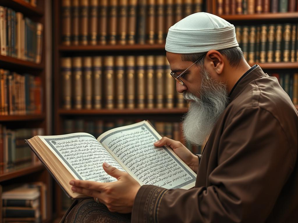 Islamic scholar studying hadith manuscripts about Allah's benevolence