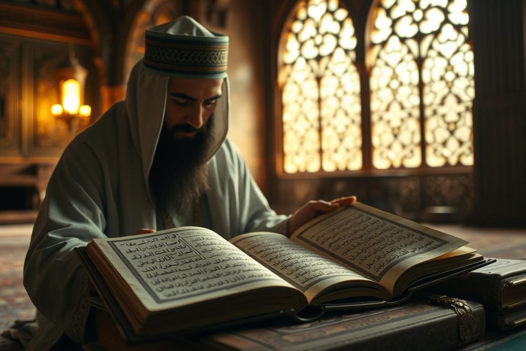 Islamic scholar studying texts about Allah's names including AL-'AFUWW (العفو)