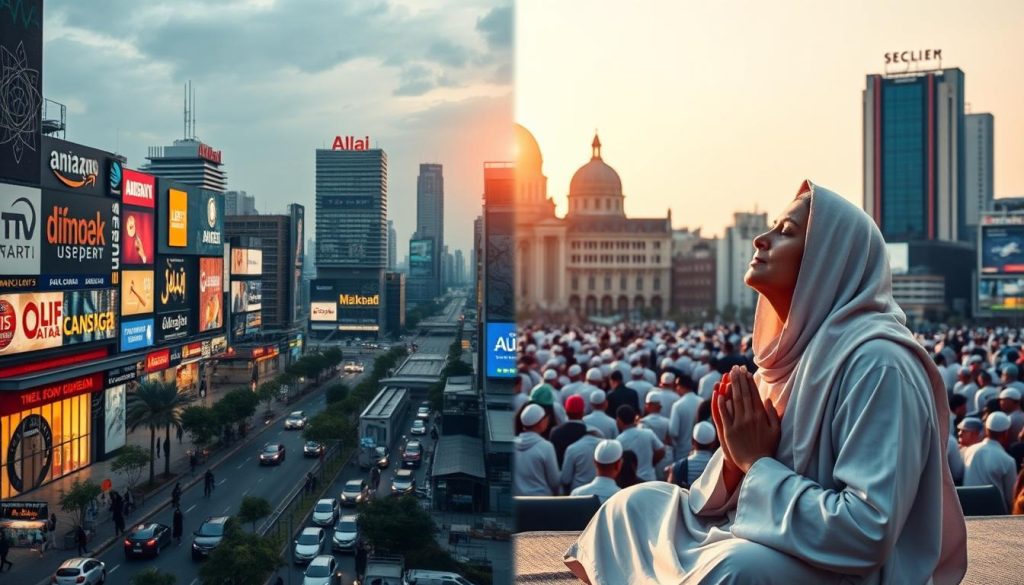 Modern cityscape contrasted with person in peaceful prayer symbolizing detachment from materialism