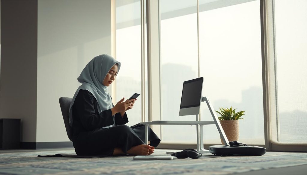 Modern person disconnecting from technology to connect with AS-SAMAD (Allah's Name)
