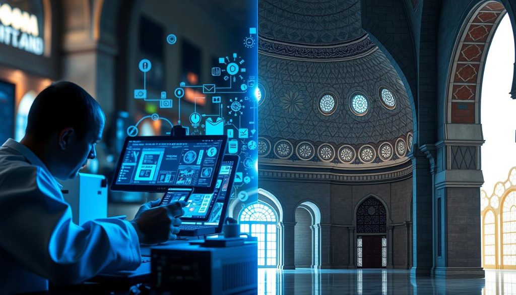 Modern technological innovations displayed alongside traditional Islamic architectural elements