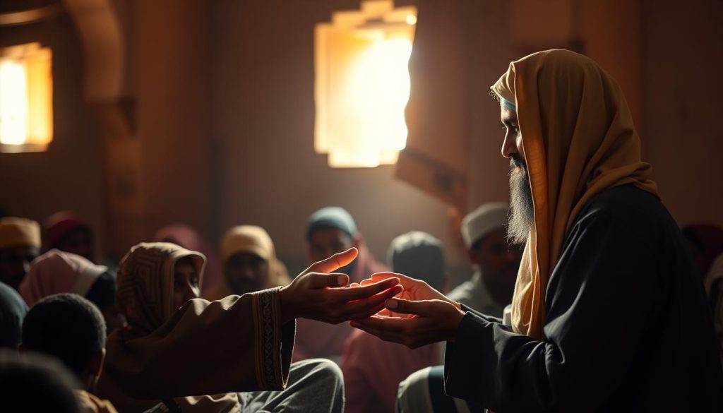 Muslim giving charity to symbolize detachment from materialism and focus on eternal deeds