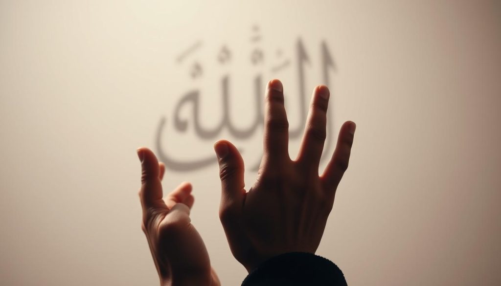 Muslim hands raised in dua (supplication) mentioning Allah's name AL-JAAMI
