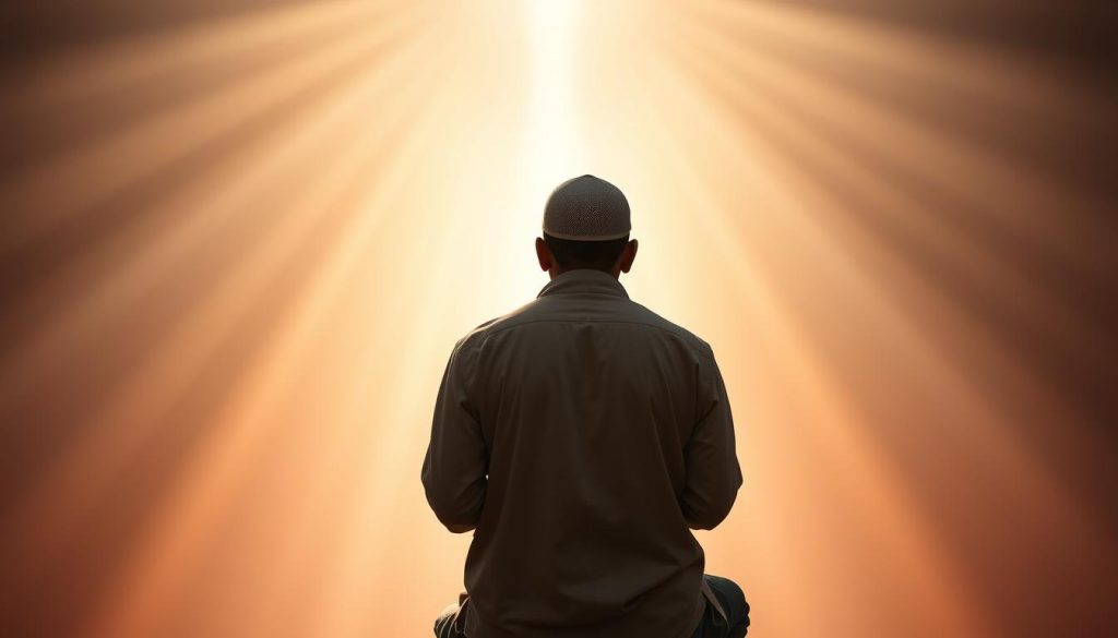 Muslim in prayer reflecting on Allah's name AL-MUTA'ALI