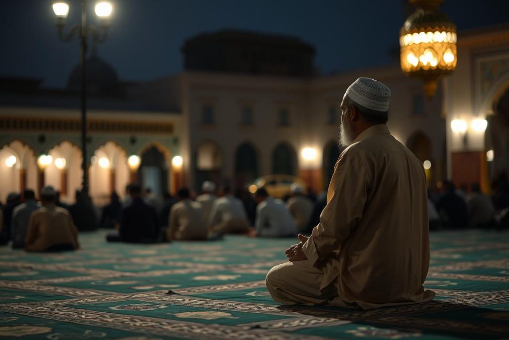 Muslim man in prayer position reciting evening supplications mentioning AL-AAKHIR