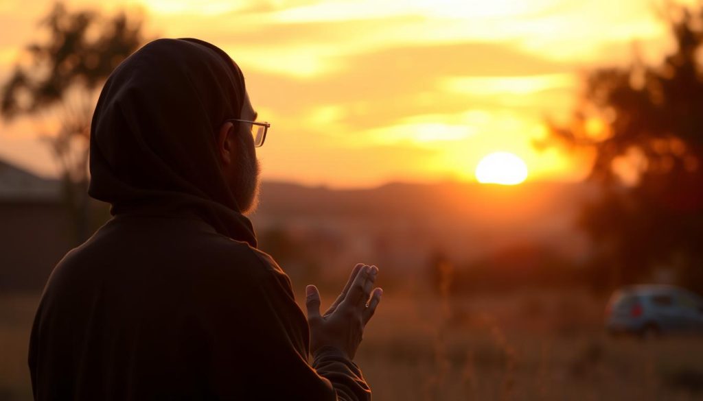Muslim person in contemplative prayer outdoors at sunset