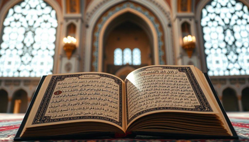 Open Quran displaying verses about AL-WAARITH with beautiful mosque background