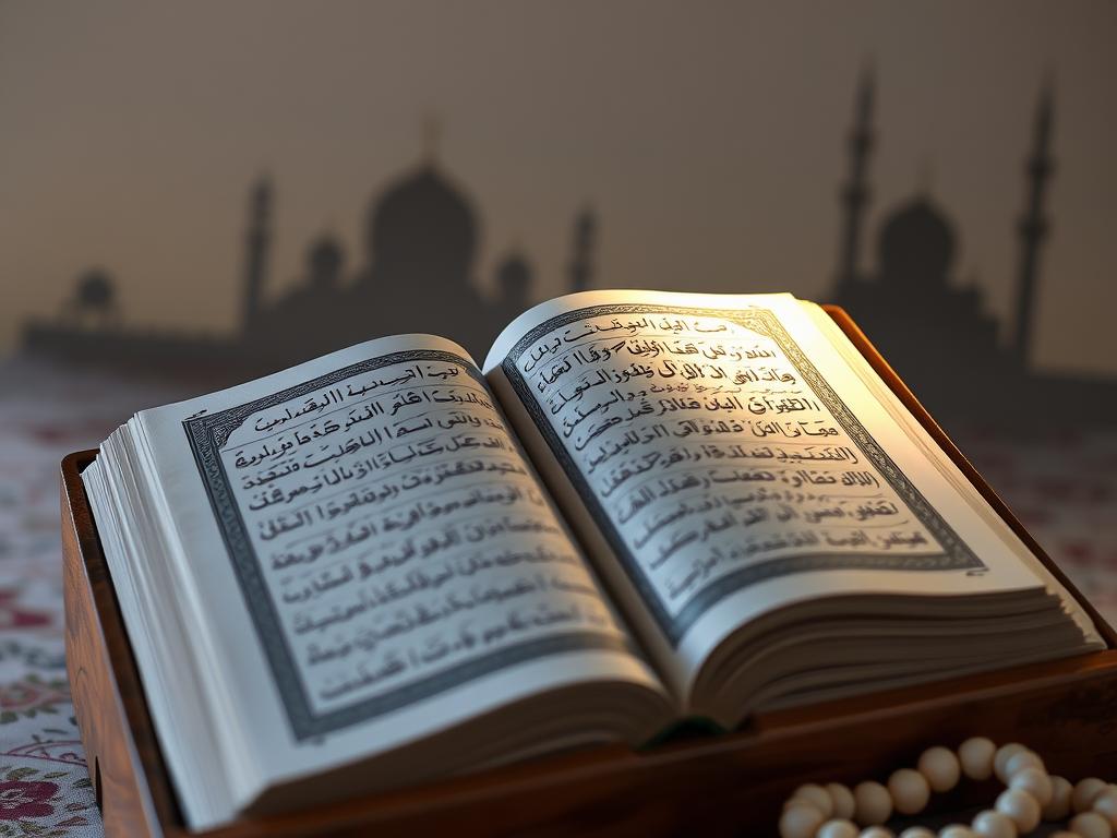 Open Quran with light illuminating the pages containing verses about Al-Mani