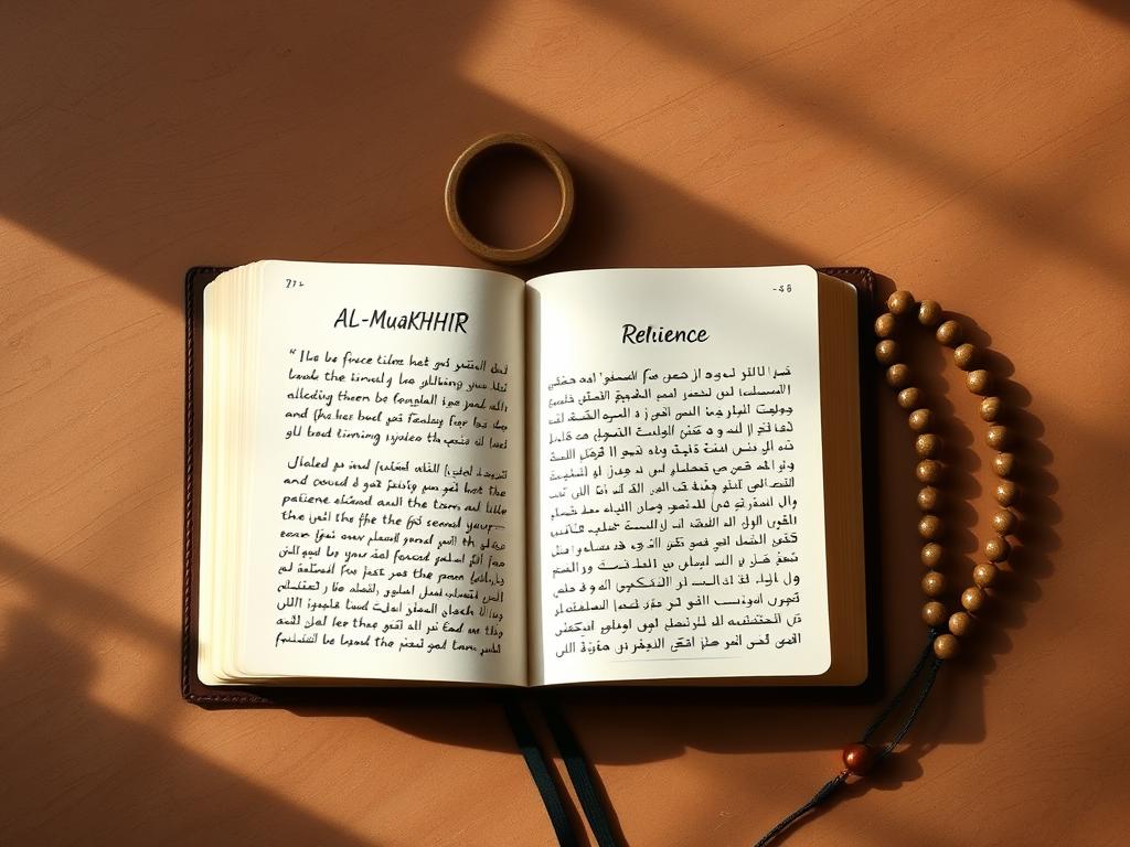 Open journal with reflections on divine timing and patience in Islamic context