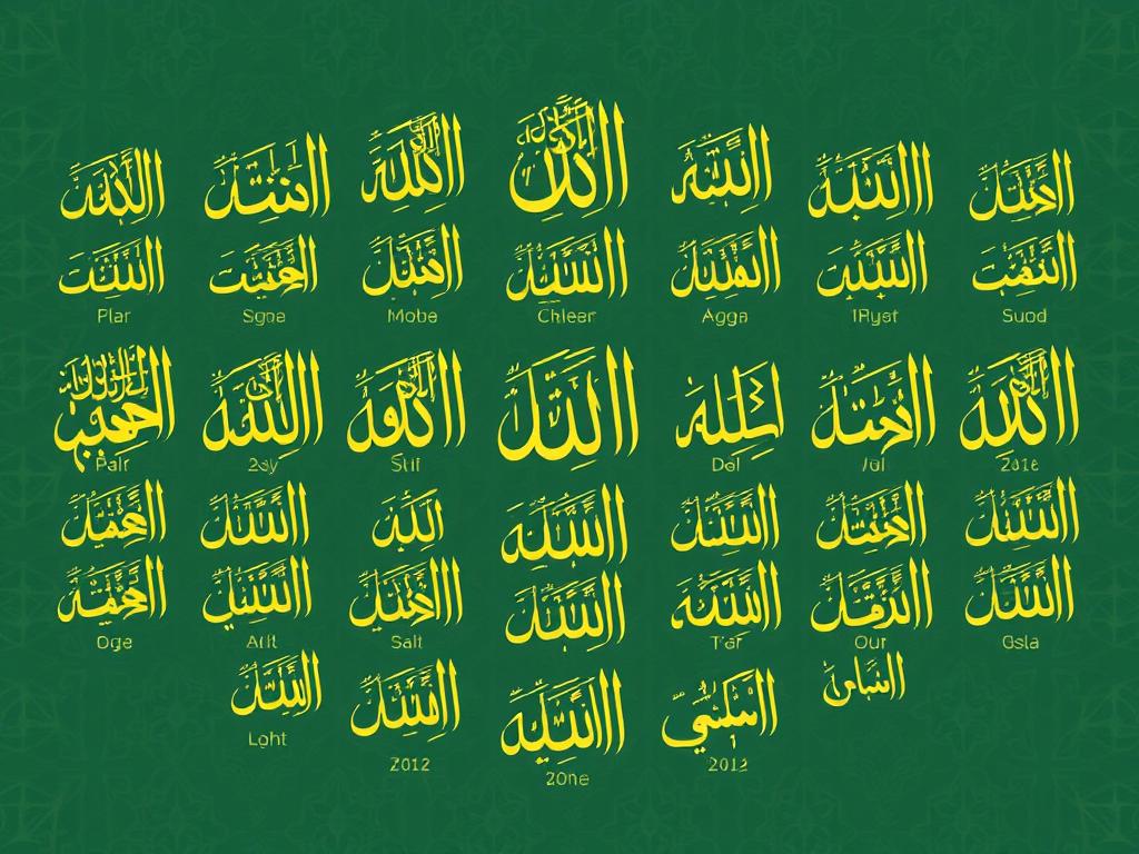 AL-MUQTADIR: The Divine Name of Perfect Power and Ability Ornate display of several of Allah's 99 names in Arabic calligraphy