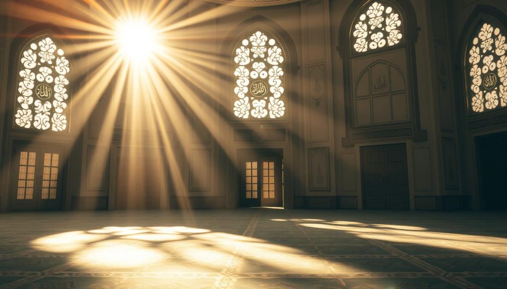 AL-MUQSIT: The Divine Name of Perfect Justice and Equity Peaceful mosque interior with light streaming through windows, symbolizing the spiritual enlightenment from understanding AL-MUQSIT