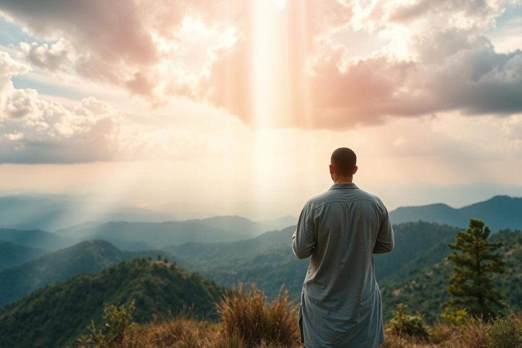 Person contemplating Allah's greatness in nature, reflecting on AL-MUTA'ALI