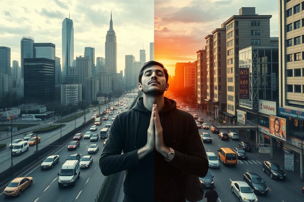 Person finding peace through connection with AS-SAMAD (Allah's Name) amid modern chaos