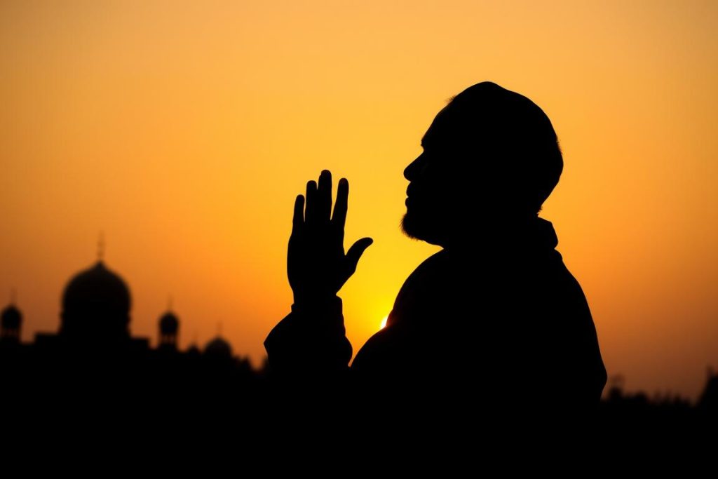 Person in contemplative prayer during sunset, symbolizing patience and trust in Allah's timing