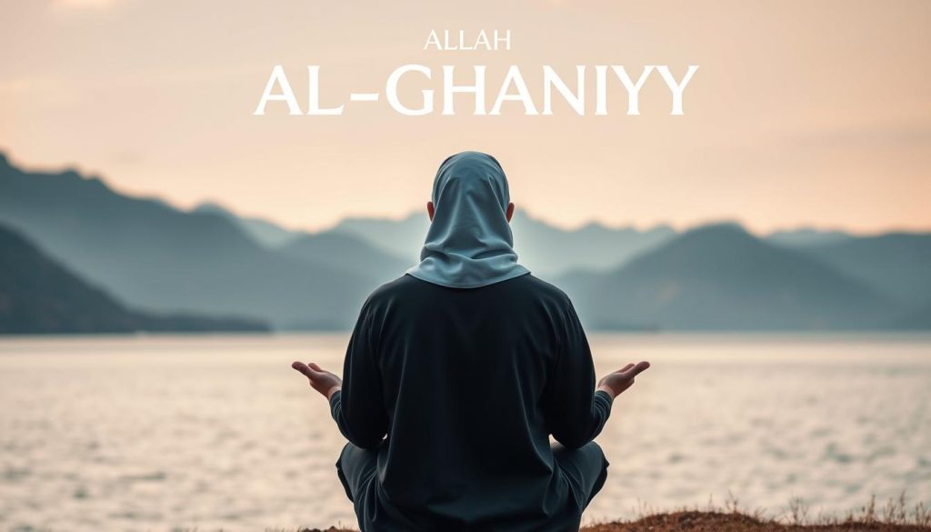 Person in contemplative prayer reflecting on Allah's name AL-GHANIYY in a peaceful setting