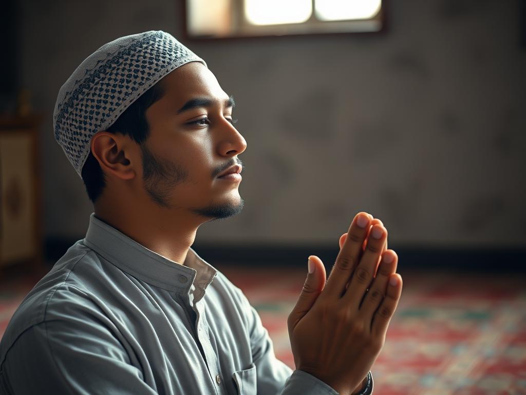 Person in contemplative prayer showing trust in Allah's decree
