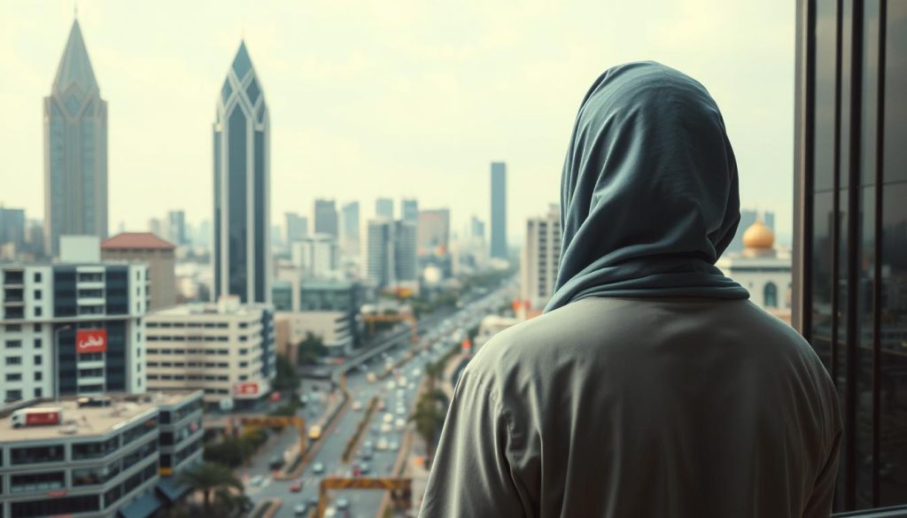AL-MUQTADIR: The Divine Name of Perfect Power and Ability Person looking at modern cityscape, symbolizing facing contemporary challenges with faith