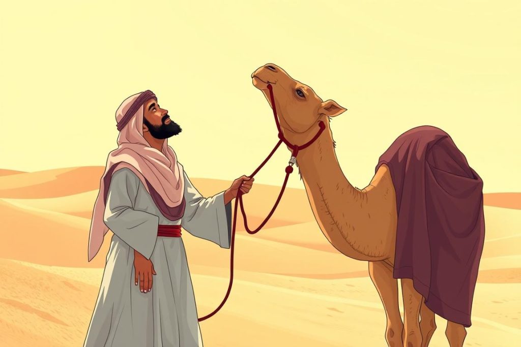 AL-MUQTADIR: The Divine Name of Perfect Power and Ability Person tying a camel while looking upward in trust, illustrating the balance of effort and reliance