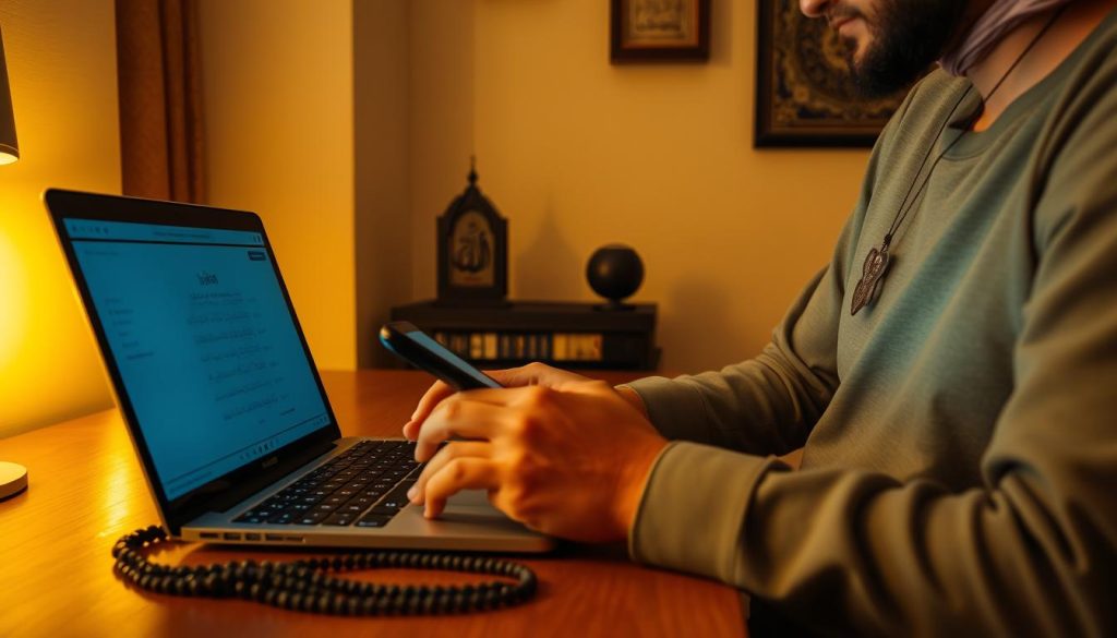 Person using technology with Islamic elements, representing modern protection