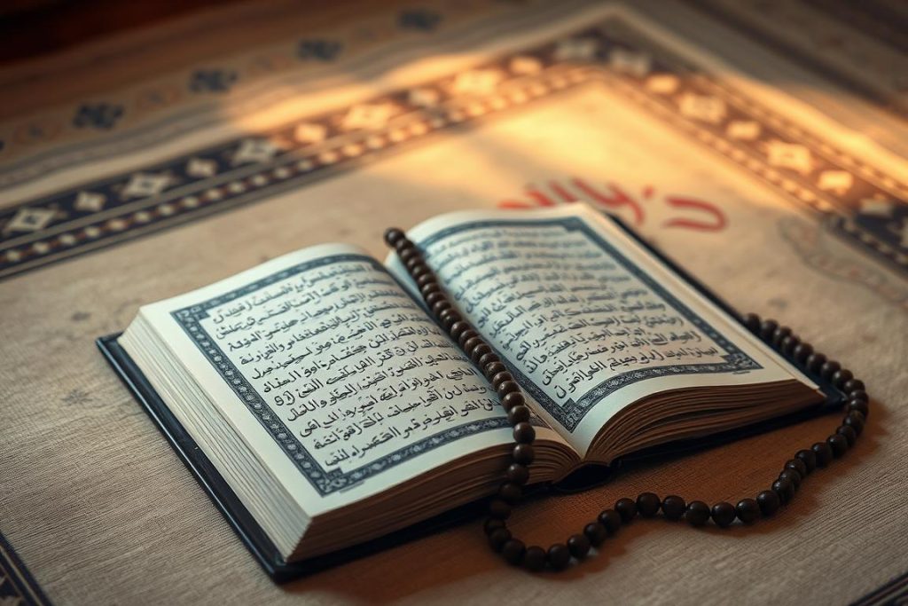 Quran with prayer beads on a prayer mat with soft lighting