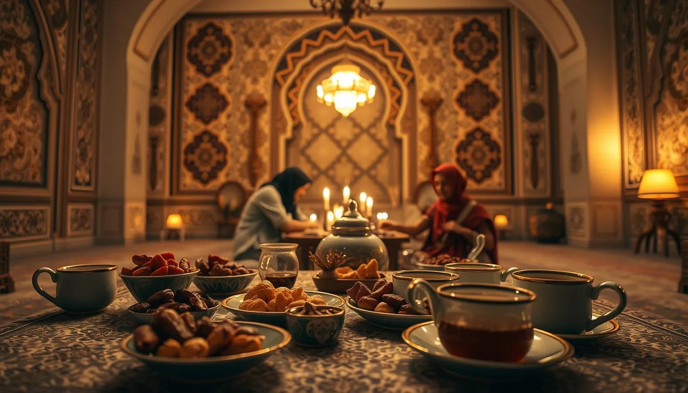 Fourth pillar of Islam: an iftar table with dates and tea to break the fast
