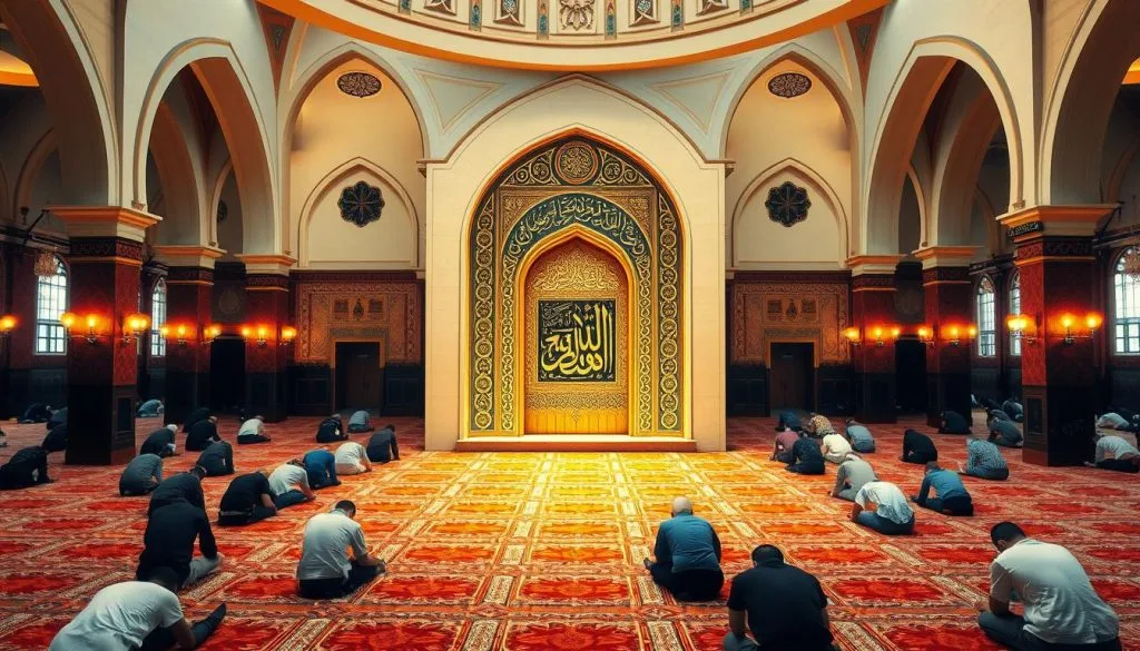Five Pillars of Islam: worshippers performing Salah in a mosque
