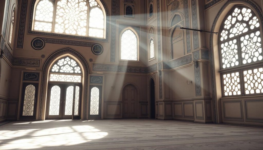 AL-BAATIN: The Hidden, The Imperceptible Name of Allah Serene mosque interior with light filtering through windows symbolizing Allah's hidden yet manifest presence as AL-BAATIN