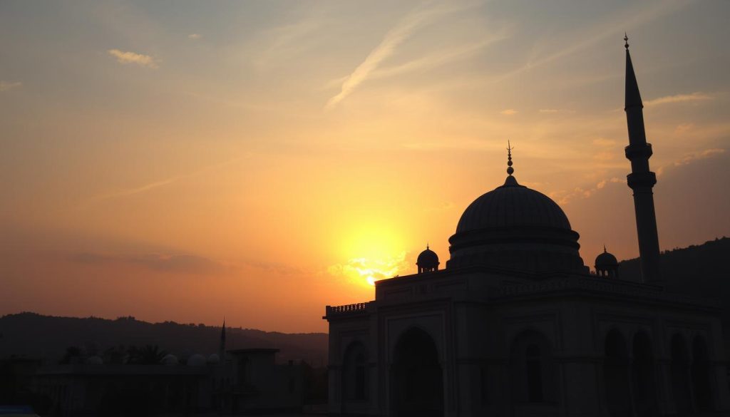Sunset over Islamic architecture symbolizing the enduring nature of Allah as AL-AAKHIR