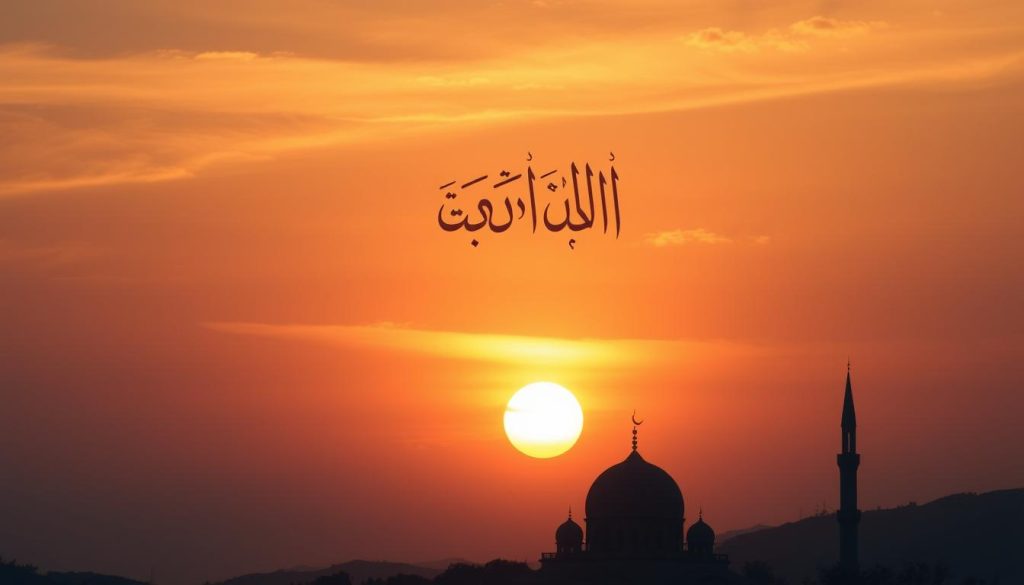 Sunset over a mosque with AL-JAAMI calligraphy, symbolizing the gathering of believers in worship