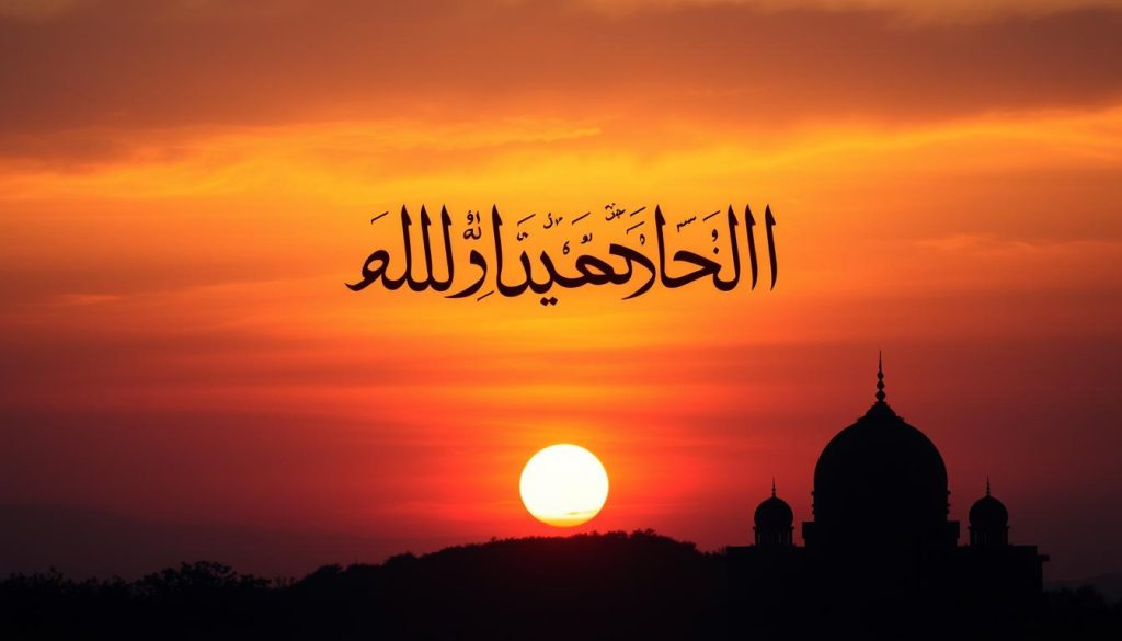 AL-MUQADDIM: Understanding Allah's Divine Name of Advancement Sunset over a mosque with Arabic calligraphy of AL-MUQADDIM, symbolizing divine guidance and advancement