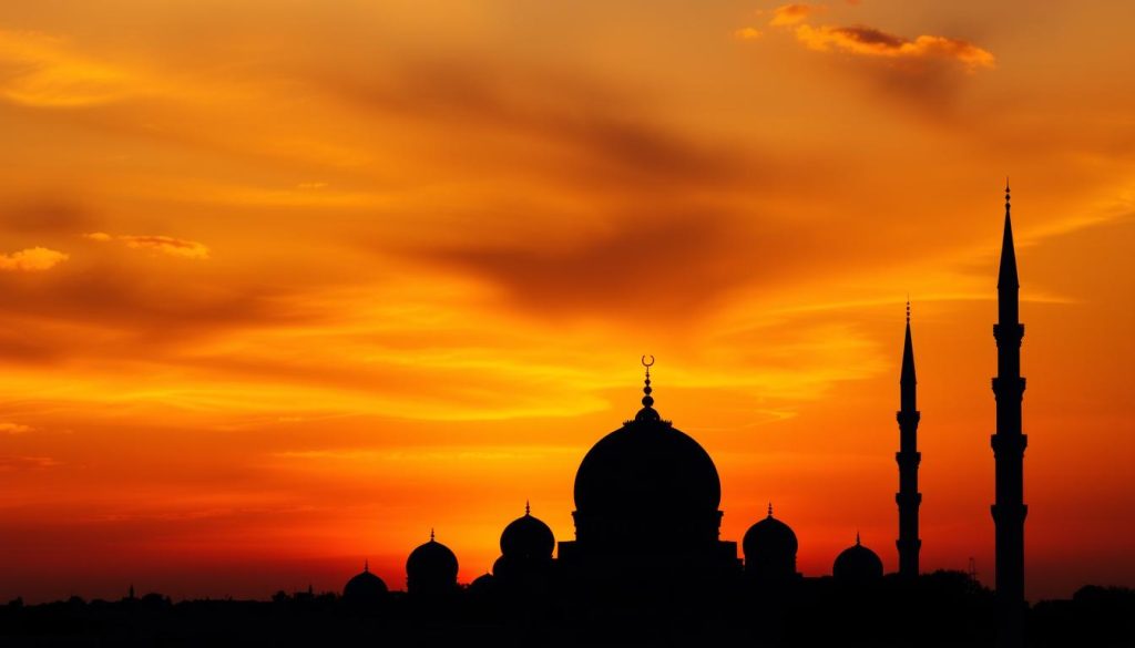 Sunset over mosque silhouette symbolizing the eternal nature of AS-SAMAD (Allah's Name)