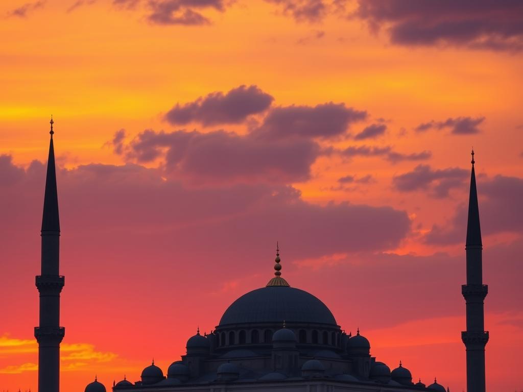 Sunset over mosque symbolizing AL-BAAQI (The Everlasting) permanence amid changing world
