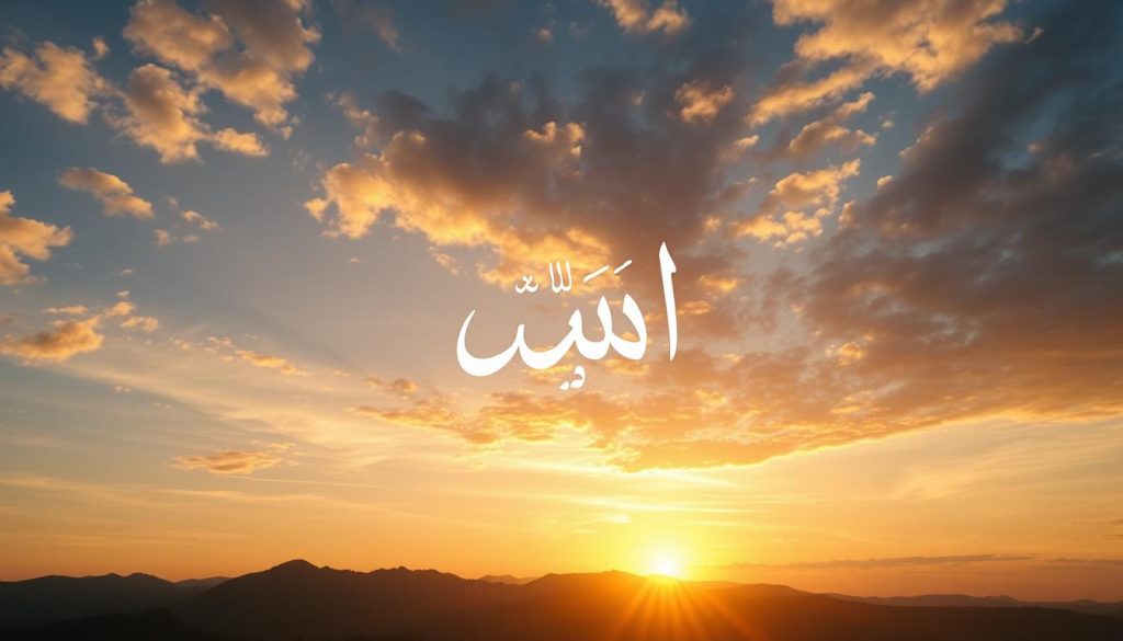 AL-AWWAL (الأوّل): The Divine Name of Allah, Meaning "The First" Sunset scene with AL-AWWAL (الأوّل) calligraphy symbolizing divine eternity