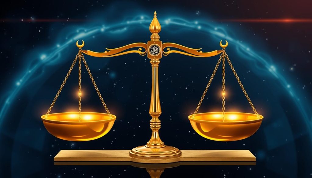 AL-MUQSIT: The Divine Name of Perfect Justice and Equity Symbolic representation of divine scales of justice with light emanating from them, representing AL-MUQSIT's perfect balance
