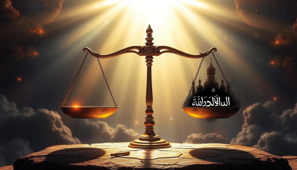 AL-MUQSIT: The Divine Name of Perfect Justice and Equity Symbolic representation of the Day of Judgment with scales of justice, representing AL-MUQSIT's perfect judgment
