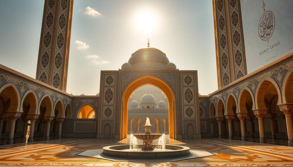 Mosque courtyard at sunrise, a setting for reflecting on the miracles of the Prophet Muhammad