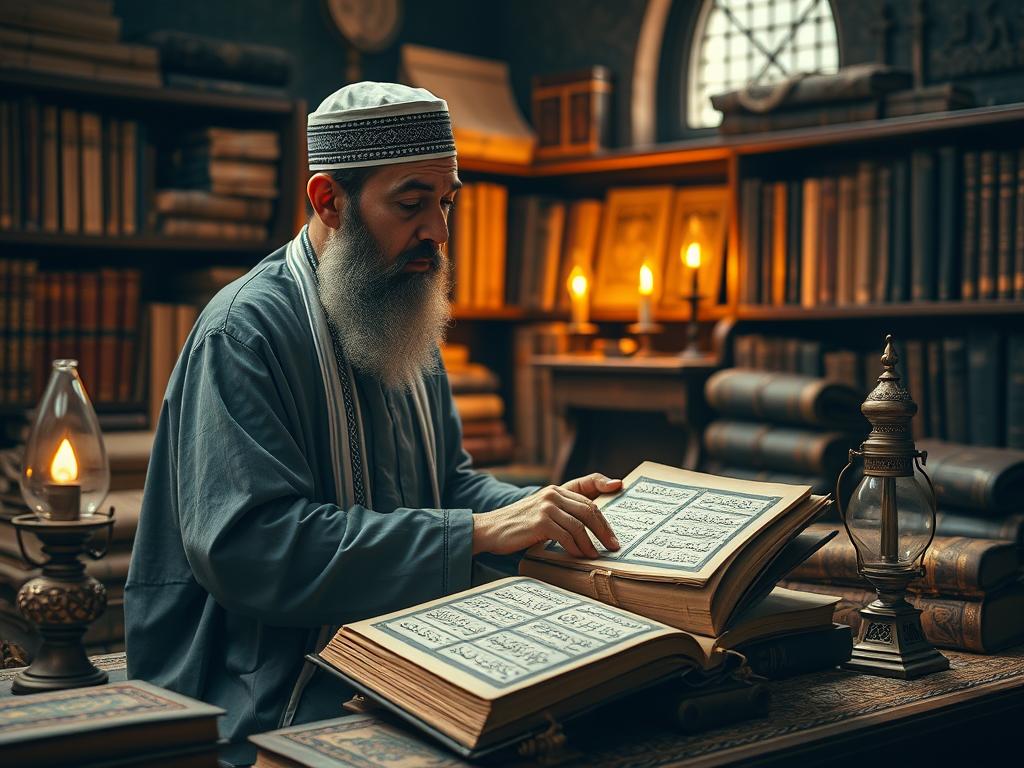 Traditional Islamic scholar studying hadith texts
