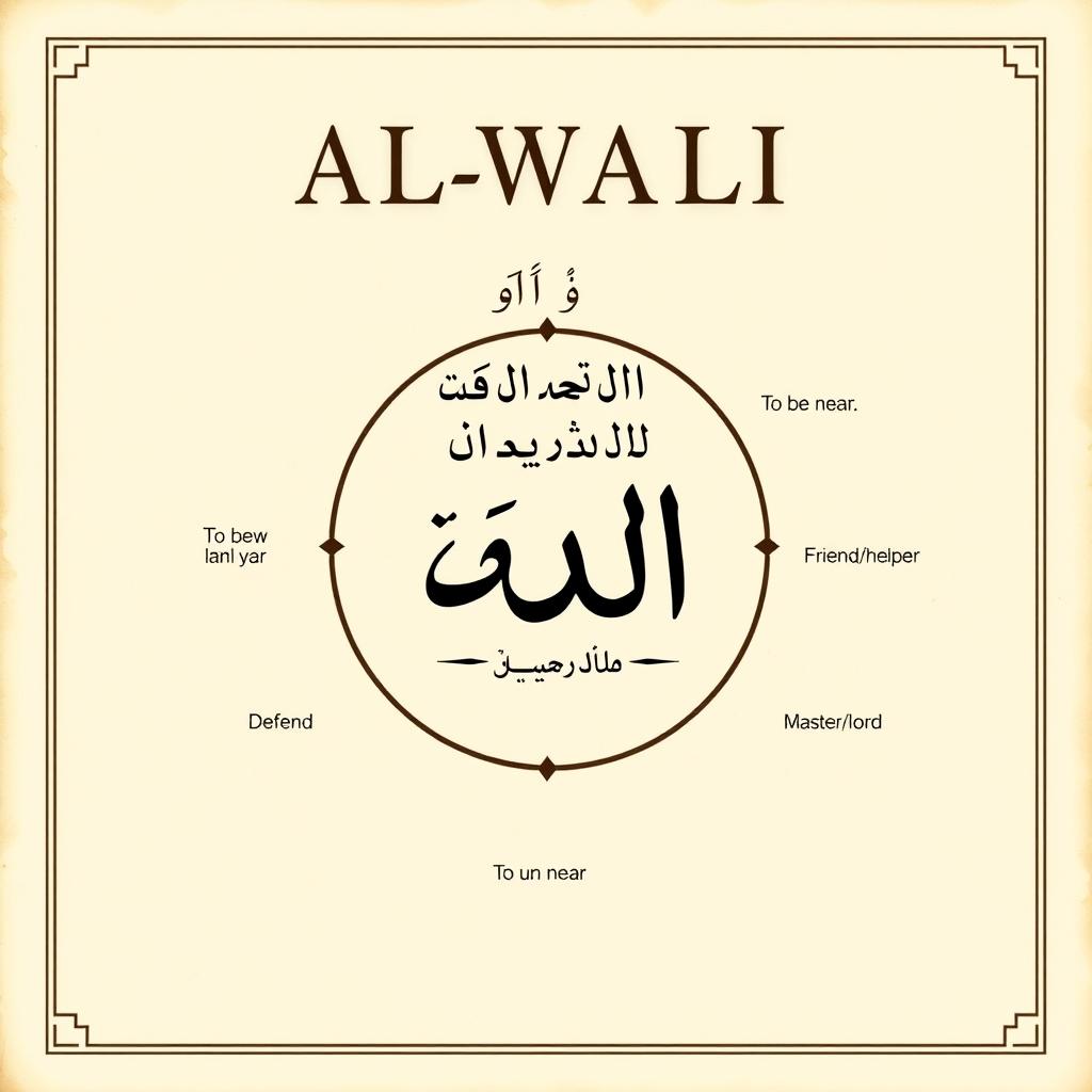 Visual representation of the Arabic root letters for AL-WAALI with their meanings