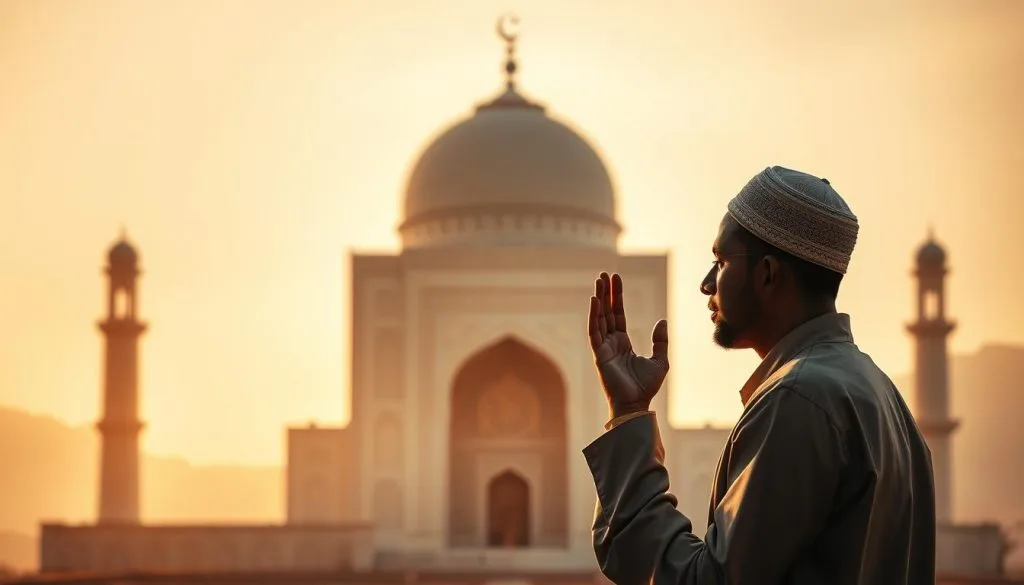 First Pillar of Islam: The Shahada’s 2 Beautiful Truths First pillar of Islam: a man making dua beside a mosque