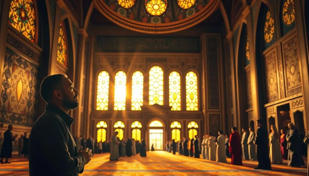 Second Pillar of Islam: Salah, the 5 Beautiful Daily Prayers Second pillar of Islam: worshippers gathered for prayer in a mosque
