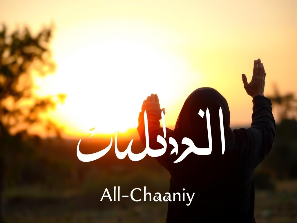 شخص يتأمل في نعم الله عليه مع كتابة اسم الله الغني (AL-GHANIYY)