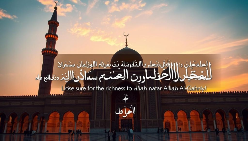 صورة لمسجد نبوي مع كتابة حديث عن الغنى واسم الله الغني (AL-GHANIYY)