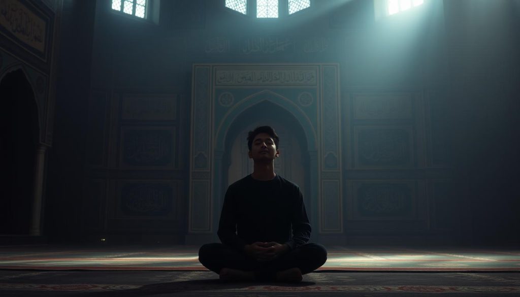 Discover the Powerful Benefits of AL-MUEED A dimly lit sanctuary filled with Islamic Wall Arts, conveying a sense of tranquility and spiritual contemplation. In the foreground, a person sits cross-legged, eyes closed, hands resting on their lap, immersed in a meditative pose. The middle ground features traditional Islamic architectural elements, such as intricate arches and ornate calligraphy. The background is shrouded in a soft, ambient light, creating a serene and atmospheric setting. The overall scene captures the integration of AL-MUEED spiritual practices within the context of contemporary life.