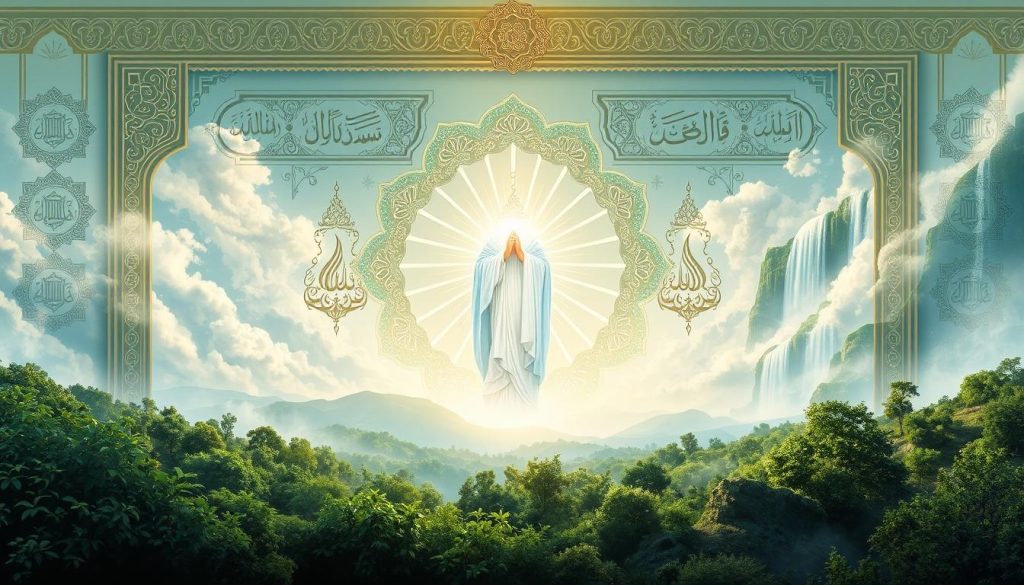 Discover the Powerful Benefits of AL-MUEED A majestic illustration depicting the divine mercy of AL-MUEED, rendered in the style of Islamic Wall Arts. In the foreground, a radiant figure of AL-MUEED emerges, surrounded by an aura of celestial light. The middle ground features intricate patterns and calligraphic elements, reflecting the spiritual essence of the divine name. In the background, a serene and ethereal landscape unfolds, with flowing waterfalls and lush vegetation, symbolizing the boundless grace and rejuvenation associated with AL-MUEED. The overall composition exudes a sense of reverence, tranquility, and the profound connection between AL-MUEED and the concept of divine mercy.