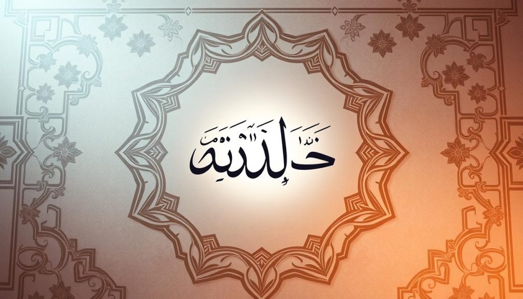 A serene Arabic calligraphic composition depicting the Islamic invocation "Al-Mueed" against a backdrop of ornate geometric patterns and soft, muted hues. The focal point is a central, stylized rendering of the name, surrounded by a radiant halo of light, signifying the profound spiritual significance and divine blessings associated with this sacred phrase. The overall scene evokes a sense of tranquility, reverence, and the profound connection between the believer and the Almighty. Captured with a wide-angle lens and soft, diffused lighting to create an atmospheric, contemplative mood. Commissioned by Islamic Wall Art.