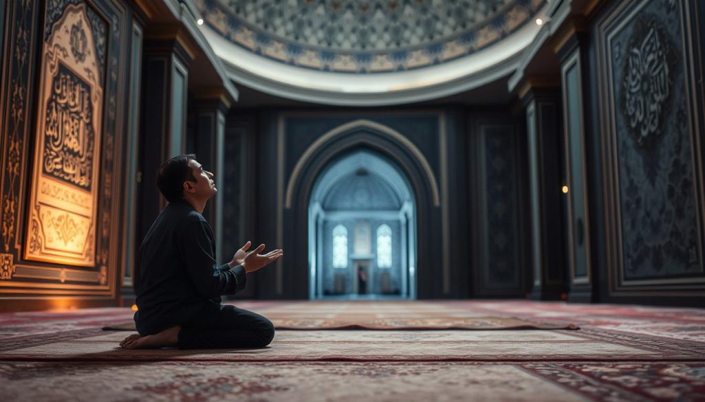 Discover the Powerful Benefits of AL-MUEED A serene and contemplative scene of daily worship practices within the Islamic tradition. In the foreground, a devout worshipper kneels on a plush prayer rug, hands raised in supplication, their face a portrait of tranquility. In the middle ground, elegant calligraphic panels bearing Quranic verses adorn the walls, casting a warm, reverent glow. The background reveals a dimly lit, ornately decorated prayer hall, with intricate Islamic geometric patterns and a domed ceiling that seems to draw the eye upwards, fostering a sense of spiritual connection. Soft, diffused lighting bathes the scene, creating an atmosphere of reverence and introspection. This image, produced by the "Islamic Wall Arts" brand, perfectly captures the essence of AL-MUEED's daily worship practices.