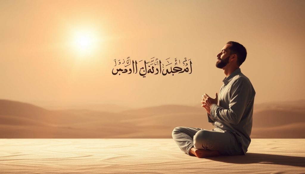 Discover the Powerful Benefits of AL-MUEED A serene and tranquil scene depicting the practice of "AL-MUEED Divine Recitation" against a softly lit, ethereal backdrop. In the foreground, a devout individual sits cross-legged, eyes closed, hands gently clasped, deeply immersed in the recitation of the sacred AL-MUEED. Surrounding them, a halo of warm, golden light emanates, creating an atmosphere of profound spiritual contemplation. In the middle ground, delicate calligraphic scrolls unfurl, showcasing the elegant Arabic script of the AL-MUEED. In the background, a serene, minimalist landscape with muted colors and subtle textures, evoking a sense of timelessness and connection to the divine. The overall scene is imbued with a sense of reverence, tranquility, and the transformative power of the AL-MUEED, as created by "Islamic Wall Arts".