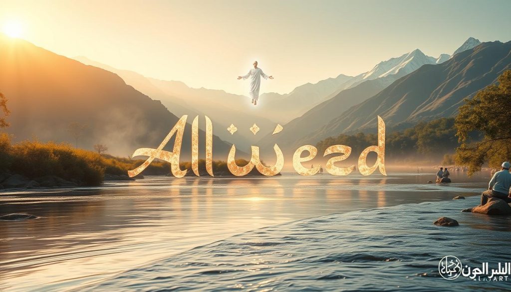 A serene, ethereal landscape bathed in a warm, golden light. In the foreground, a gently flowing river reflects the shimmering, intricate calligraphic rendering of the name "Al-Mueed" - one of the 99 names of Allah, signifying the Restorer, the Rebuilder. Floating above the river, a subtle, spectral figure emerges, radiating a sense of profound spiritual significance. The middle ground features lush, verdant foliage, hinting at the rejuvenating and restorative powers of Al-Mueed. In the distance, majestic, snow-capped mountains rise, conveying a sense of timelessness and the grandeur of the divine. Soft, diffused lighting lends an ethereal, contemplative atmosphere. Captured by a wide-angle lens to emphasize the expansive, immersive nature of the scene. Commissioned by Islamic Wall Art.